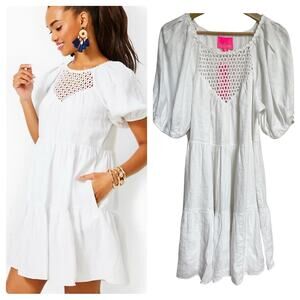 Lilly Pulitzer Charlet White Linen Dress Boho Tiered Short Puff Sleeve Size 12